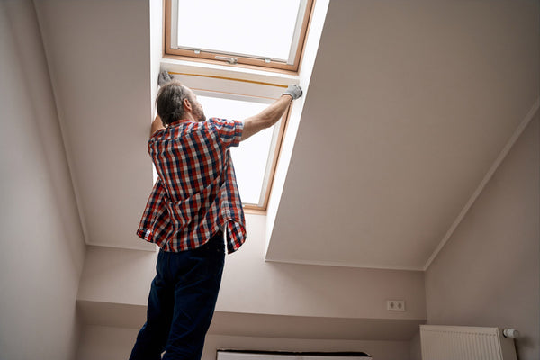 repairman with measuring tape next to a skylight